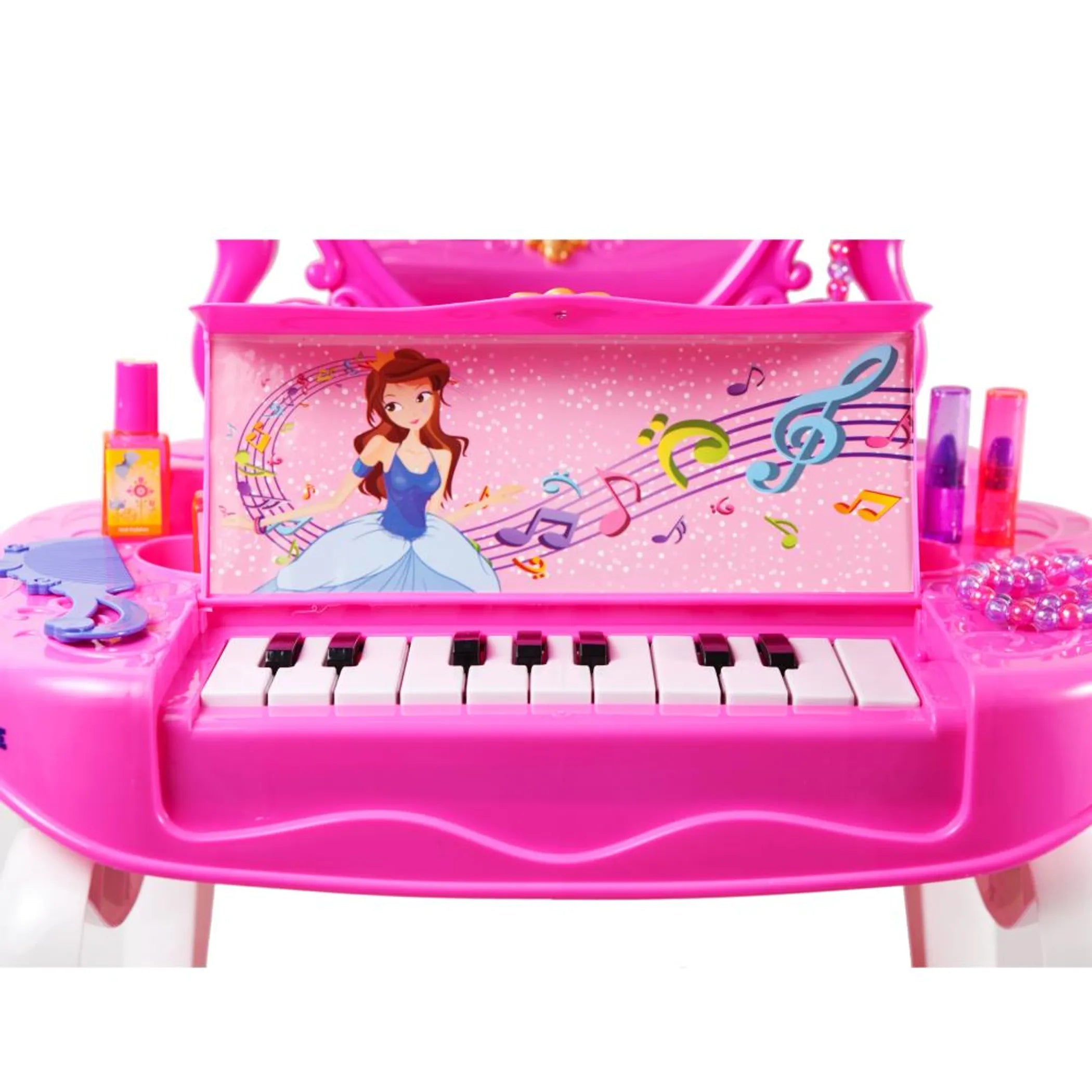 Dimple 2-in-1 Princess Pretend Play Vanity Set Table w/ Working Piano Beauty Set for Girls