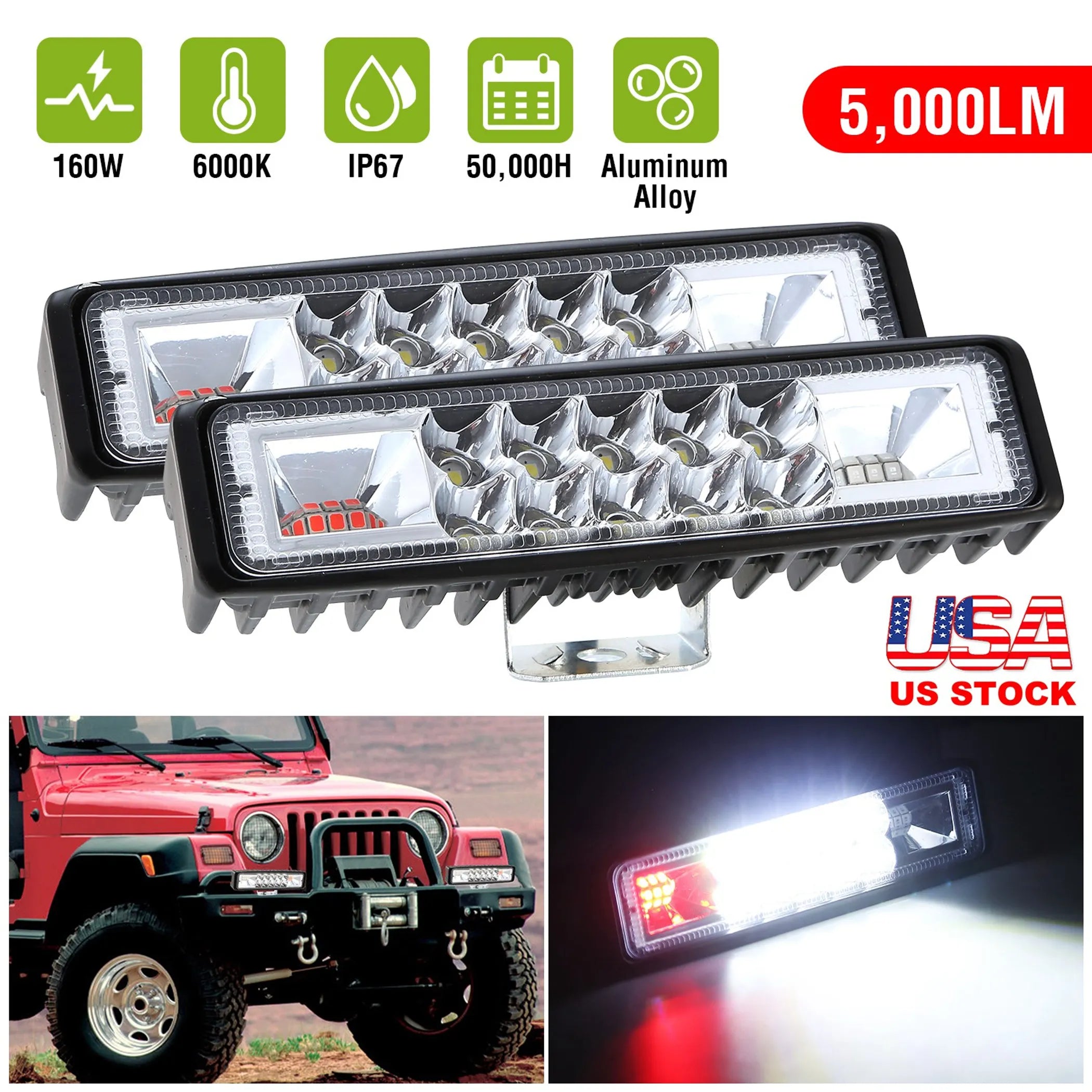 6" LED Light Bar 160W 5000lm Offroad Driving Spot Lights