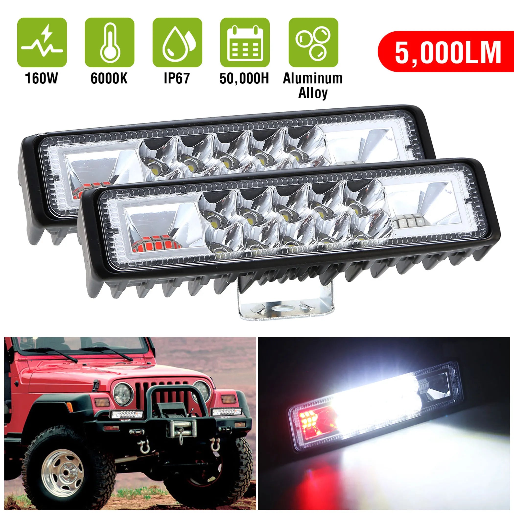 6" LED Light Bar 160W 5000lm Offroad Driving Spot Lights
