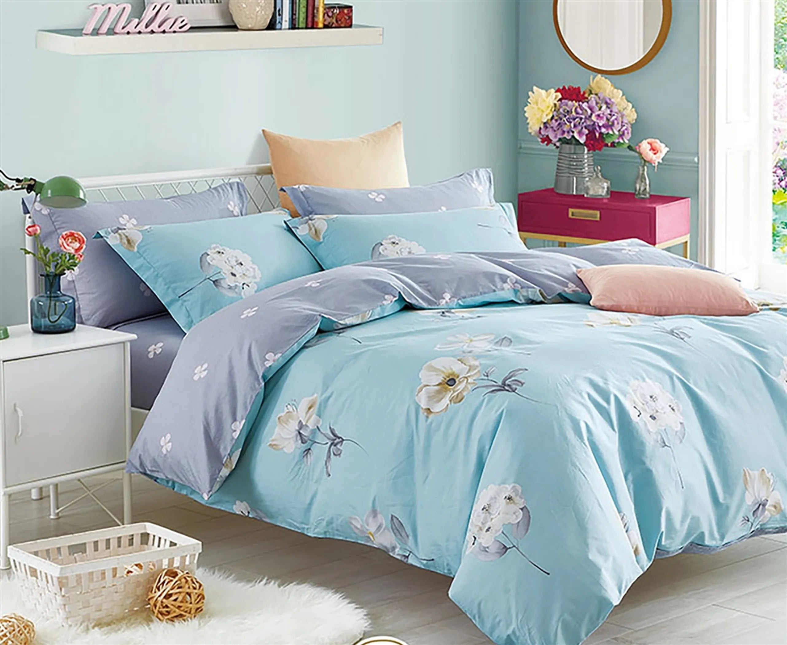 Lillian Blue/Yellow Floral  100% Cotton Reversible Comforter Set